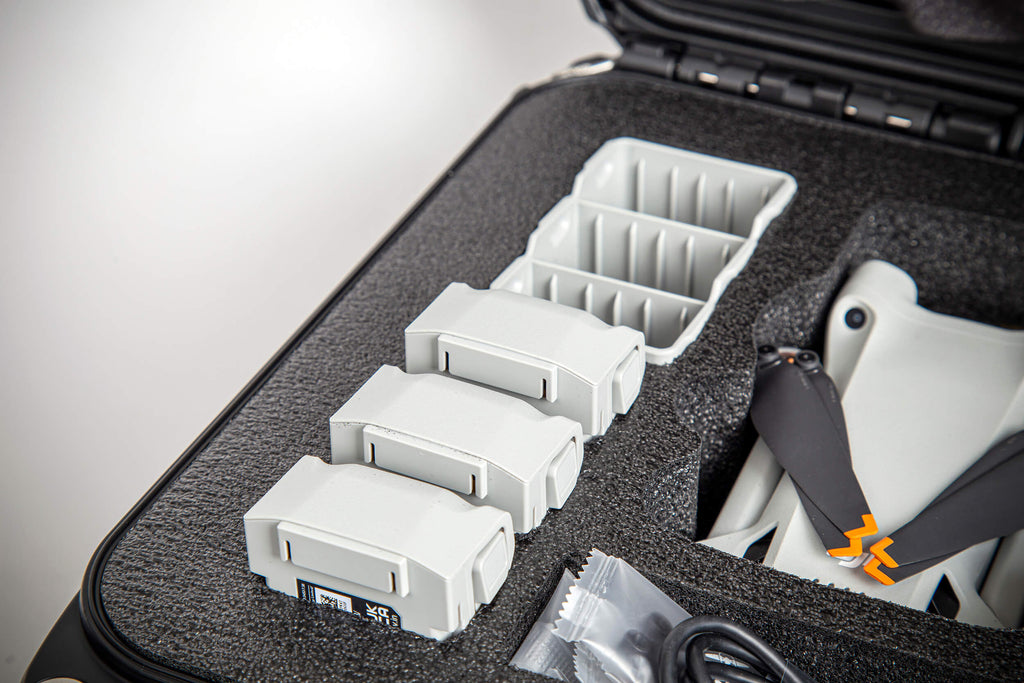 The clever design holds the Mini 3 Pro drone with props attached, the RC-N1 or the new DJI RC, six (6) additional Intelligent Flight Batteries, the Two-Way Charging Hub, data cable, spare propellers, and screws, securely.